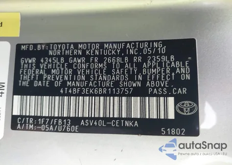 2011 Toyota Camry from USA, damaged, VIN 4T4BF3EK6BR113757